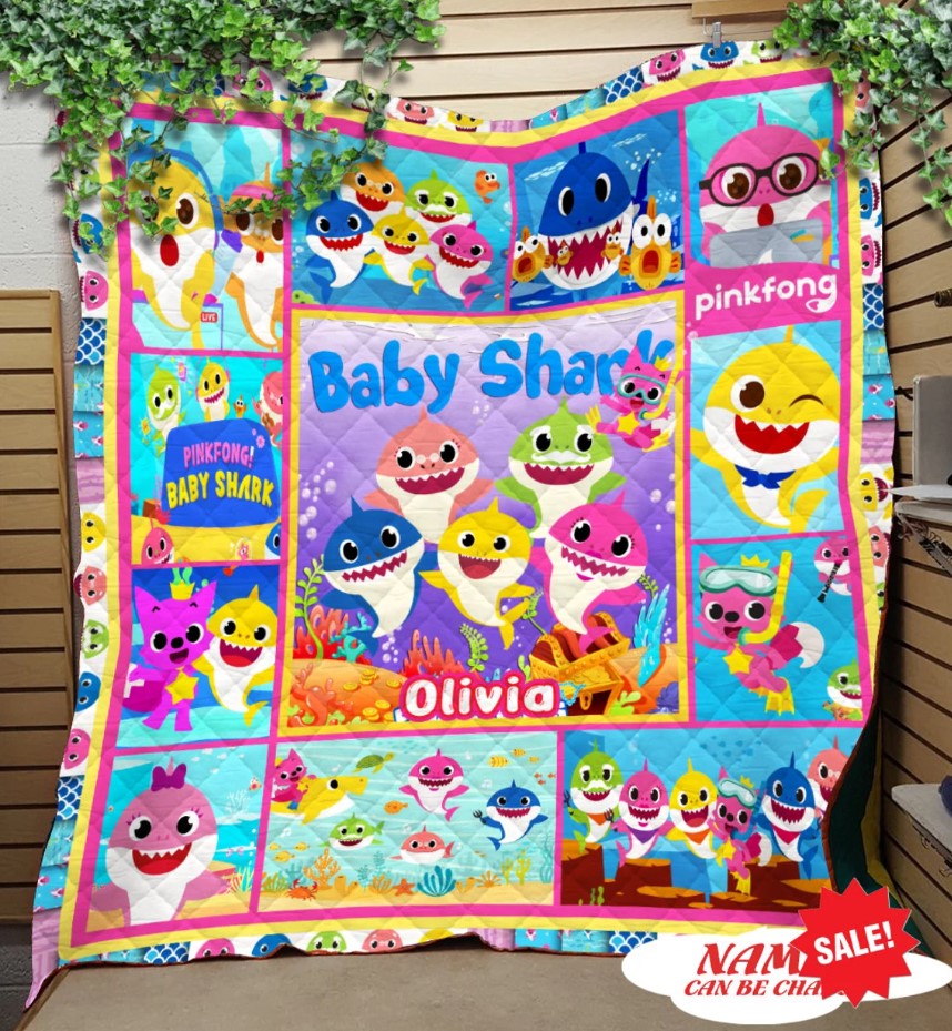 Personalized Baby Shark Quilt Blanket Baby Shark Family Blanket Custom Name Kids Quilt Baby Shark Kids Blanket